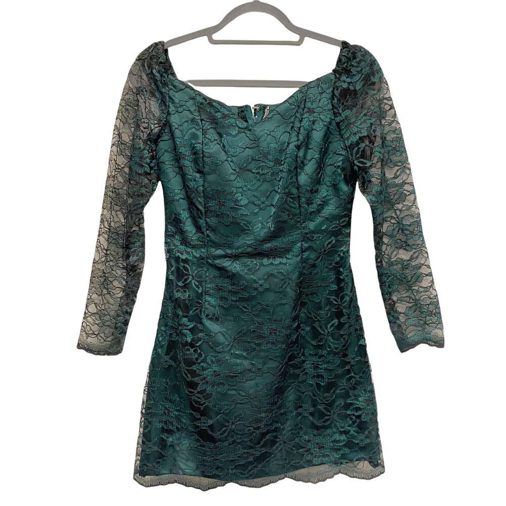 Vintage L'Mode Womens 80s Green V Neck Lace Overlay Mini Party Dress
